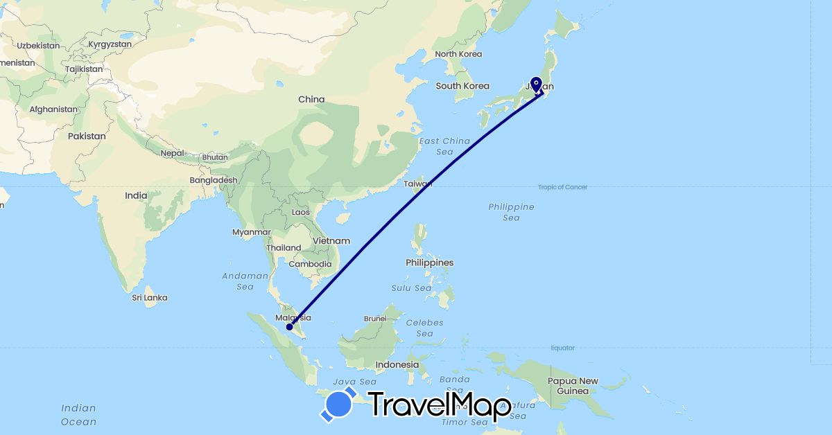 TravelMap itinerary: driving in Japan, Malaysia (Asia)